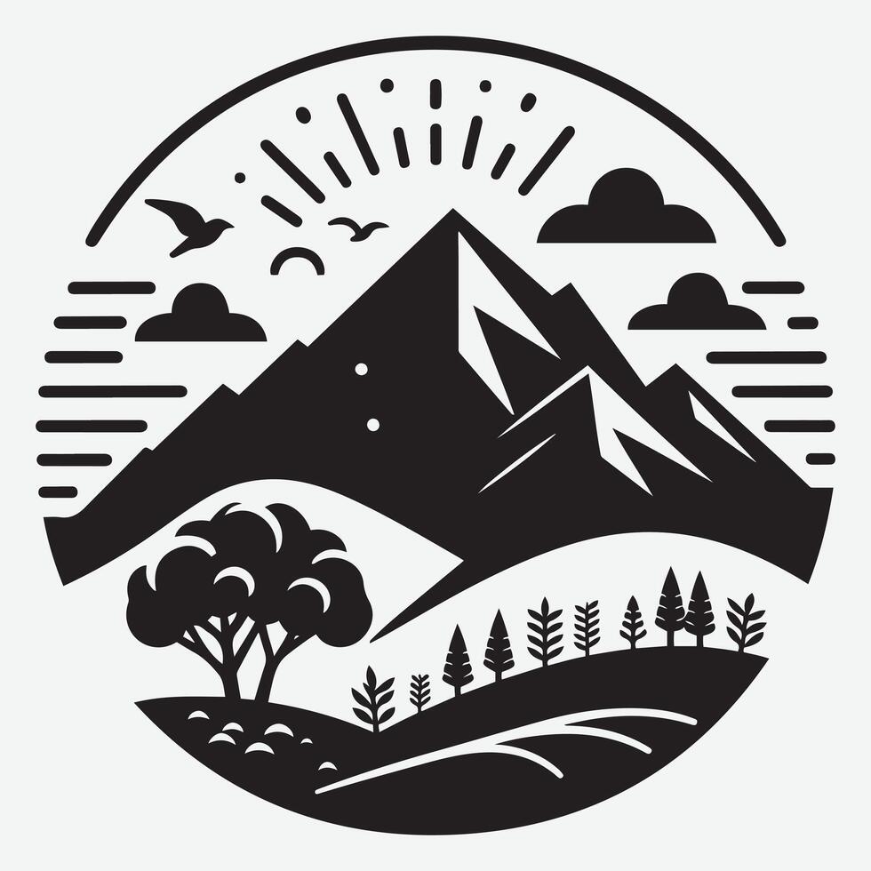 Adventure Awaits Mountain Silhouette with Nature Elements for Travel Art vector