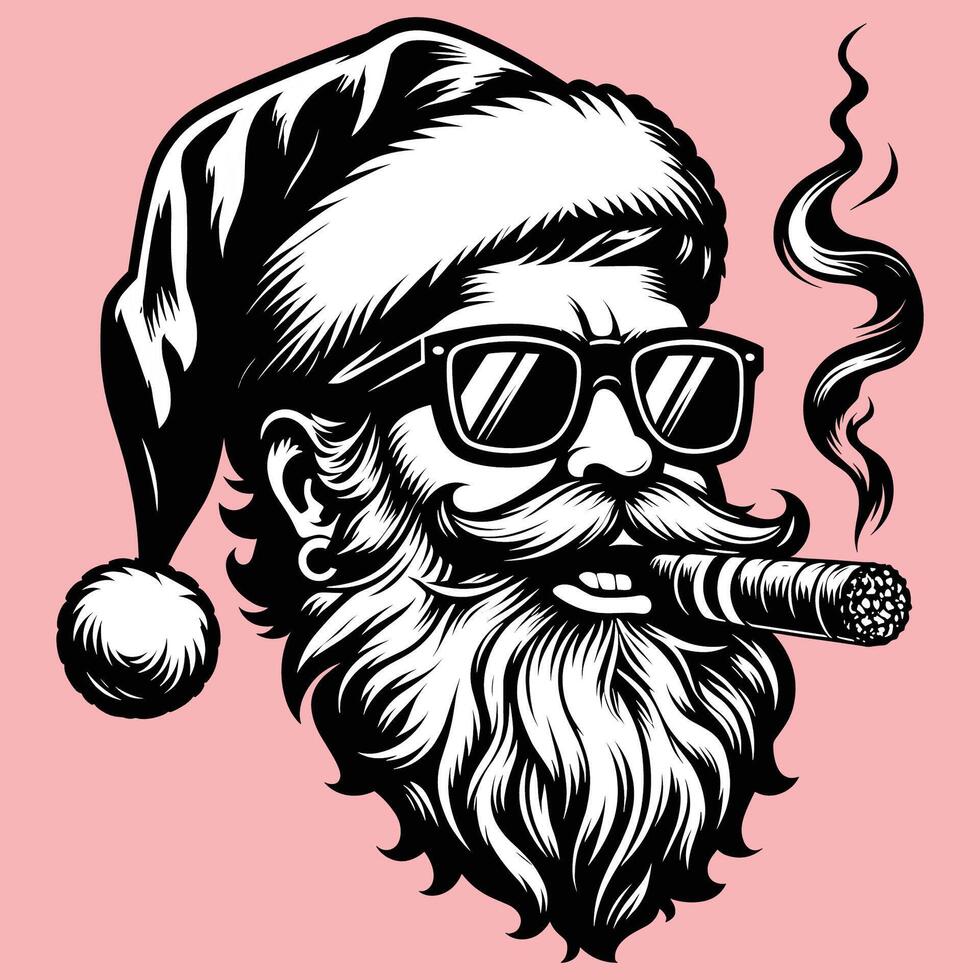 Retro Style Santa Claus with Beard, Sunglasses, and Smoking Cigar Illustration Holiday Vibes vector