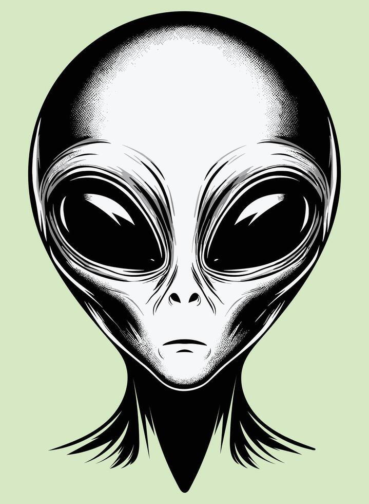 Monochrome Alien Face Portrait with Oversized Eyes Illustration vector