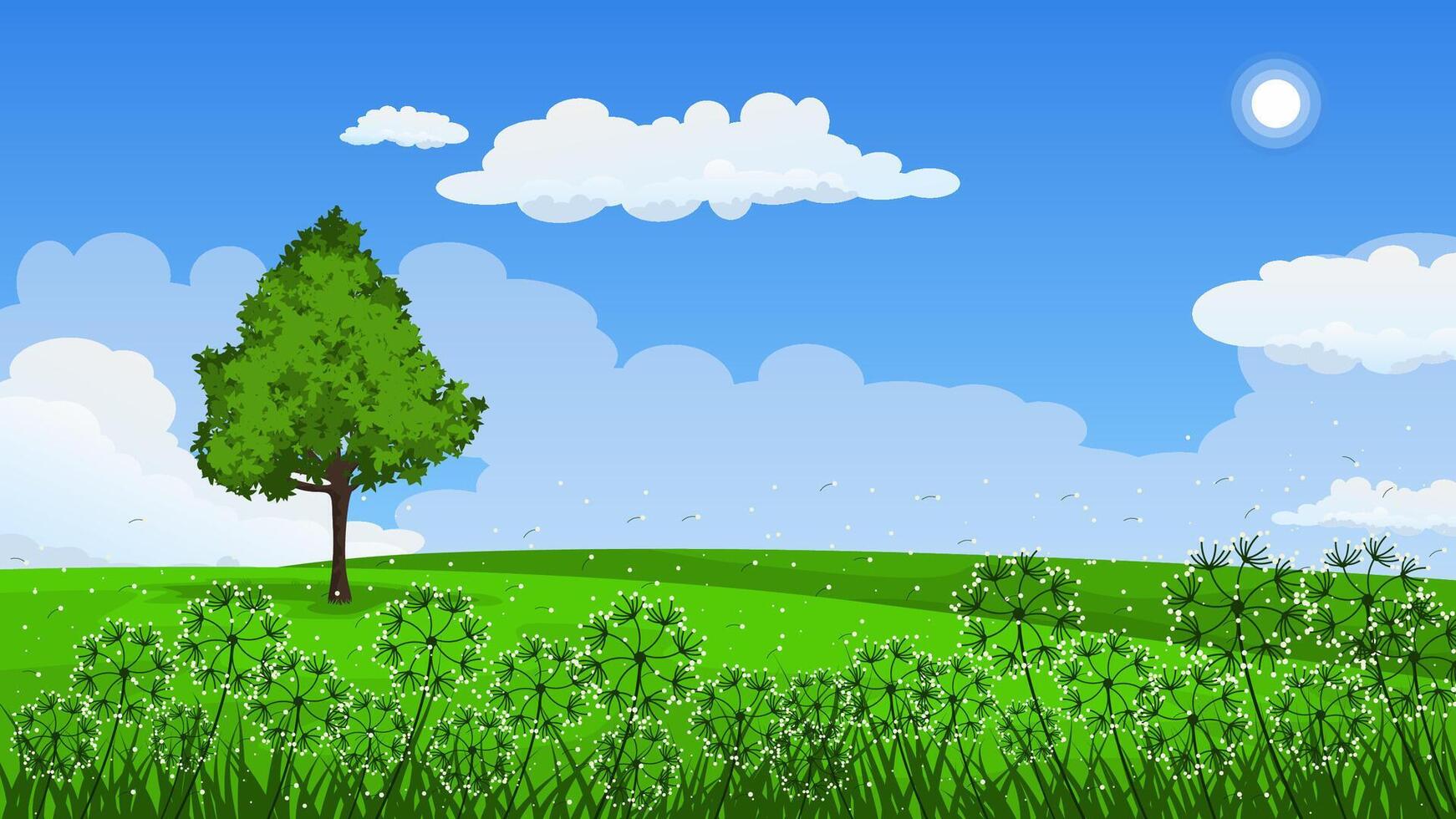 Peaceful Meadow Landscape with Dandelions and Blue Sky vector