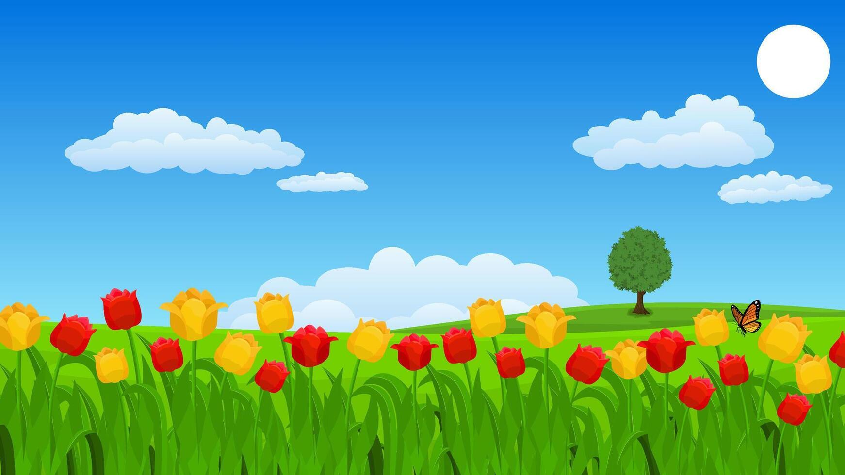 Peaceful Meadow Landscape with Wildflowers and Butterfly vector