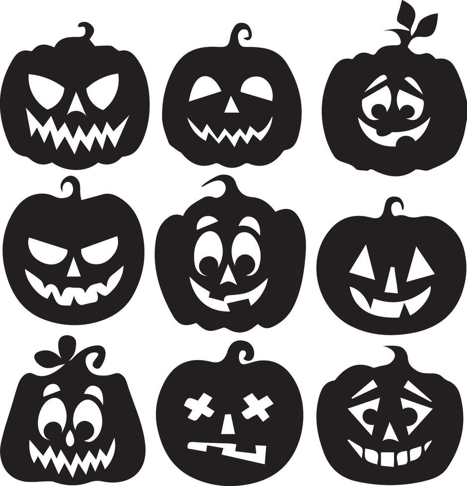 A collection of nine different jack-o'-lantern illustrations, with facial expressions ranging from menacing to joyful. vector