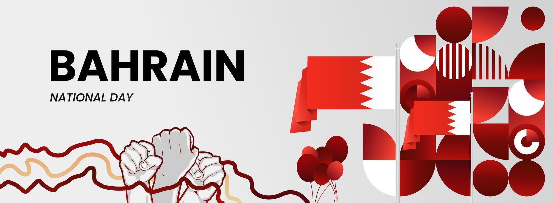 Happy Bahrain National Day banner with geometric and raised hand vector