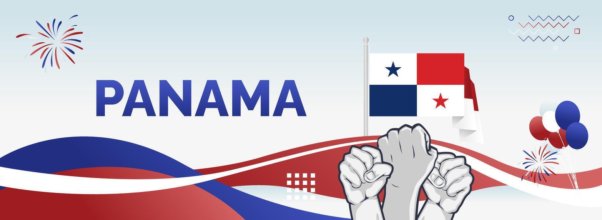 Panama flag with hands holding the flag and fireworks. Illustration banner for national day Panama vector
