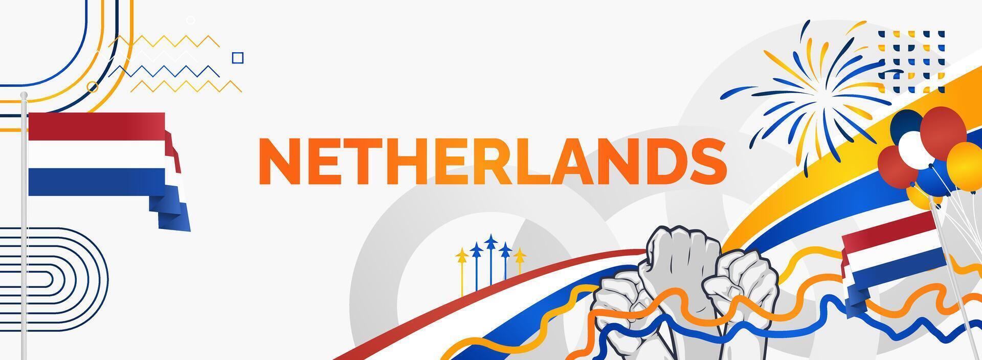 Party banner for Netherlands national day, with country flag, raised hands, and abstract shapes in flag colors vector