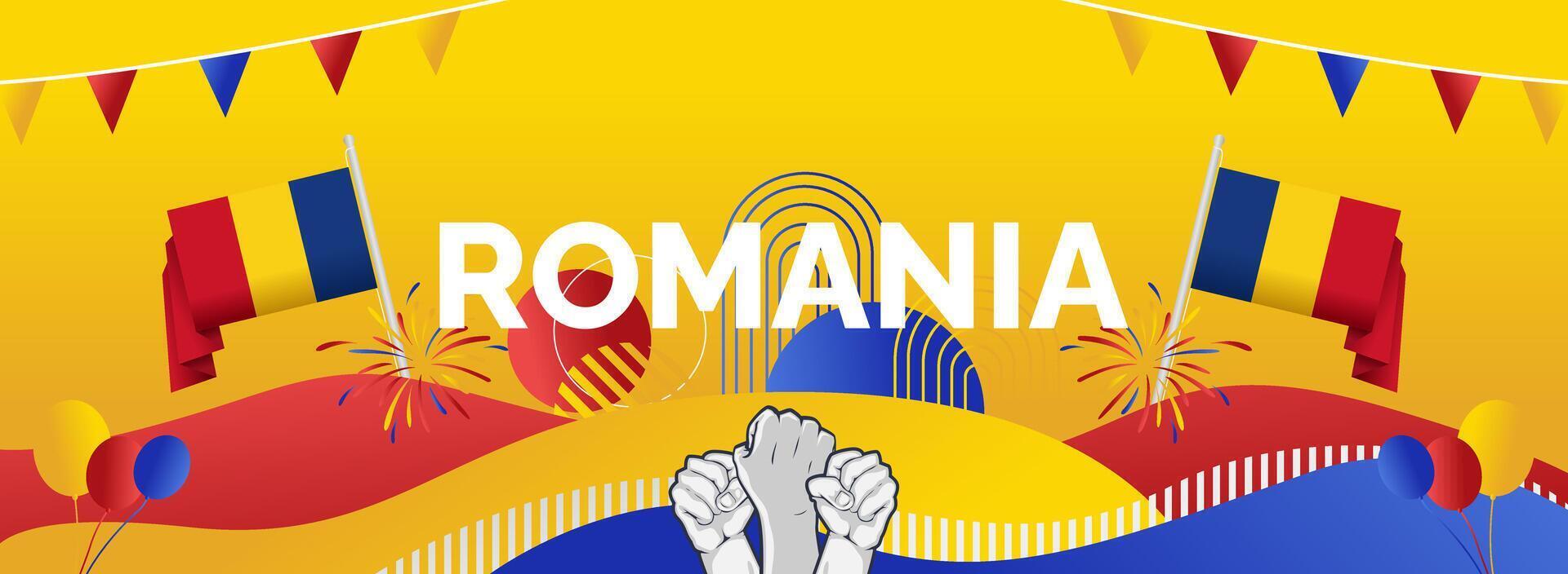 Wide banner for Romania national day in flag colors with hands raised in spirit. Isolated on yellow background with orange gradient. Good for greeting cards or flyers vector