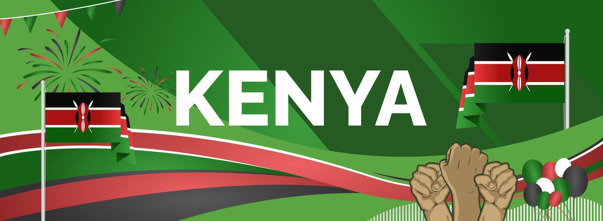 A wide green banner with the national flag and raised hands to celebrate Kenya National Day vector