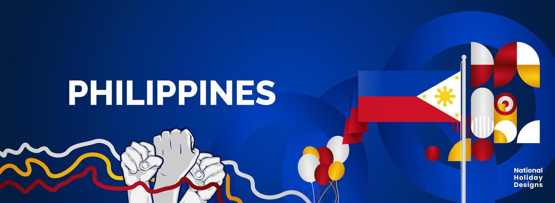 Philippines wide banner with raised hands and national flag vector