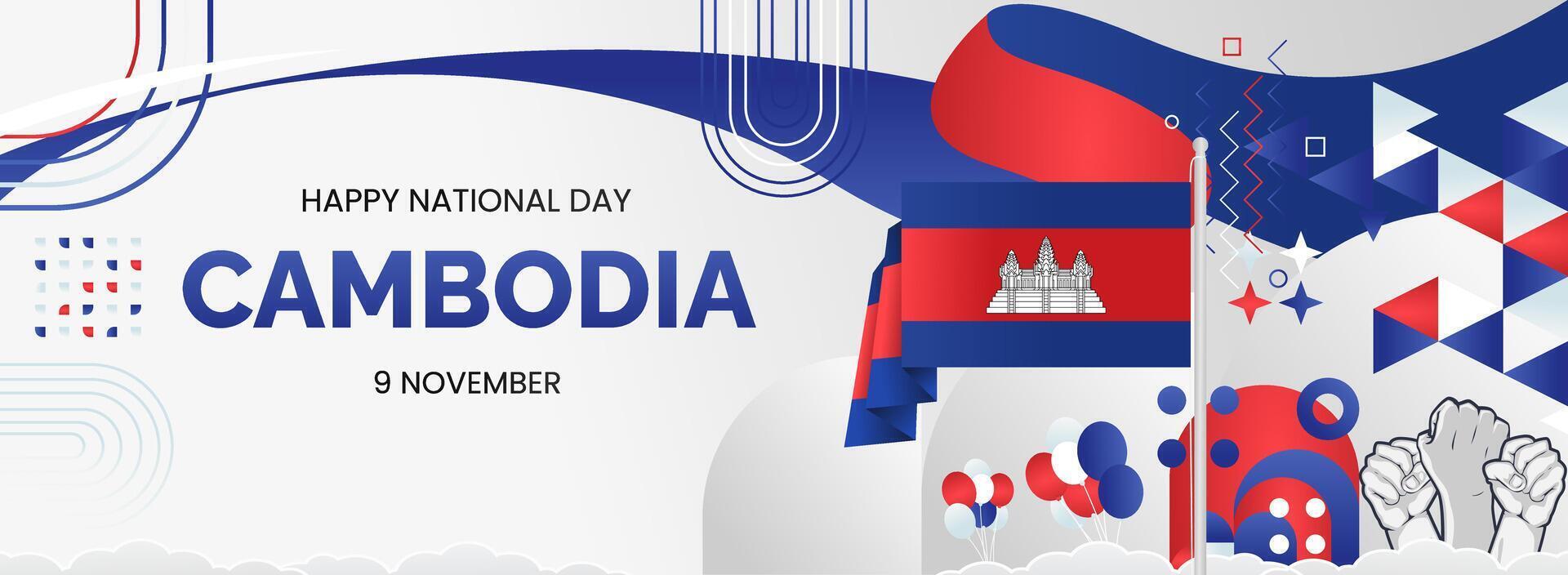 Modern banner for Cambodia National day with country flag and raised hands vector