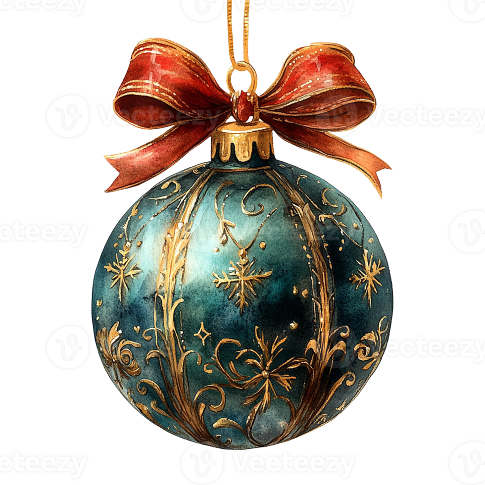 elegante azul Natal enfeite com ouro detalhamento e uma festivo vermelho fita, perfeito para feriado decorações e inverno celebrações. png
