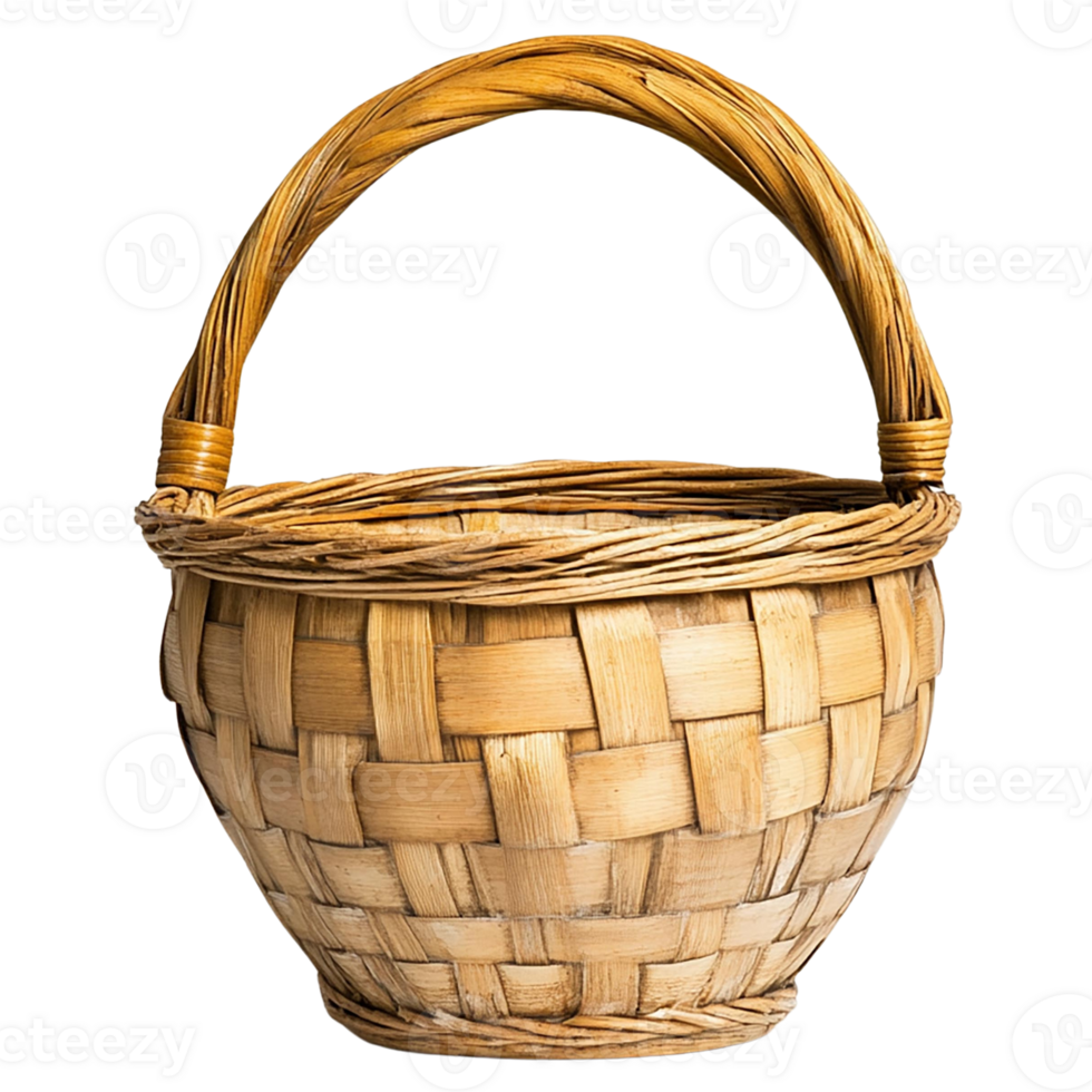 A beautifully woven wicker basket with a curved handle png