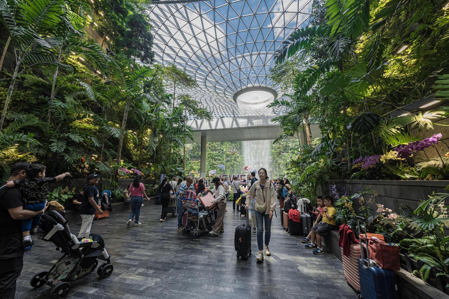 Singapore - Jun 13 2024 The Rain Vortex, a 40m-tall indoor waterfall located inside the Jewal Changi Airport in Singapore. Travel concept photo