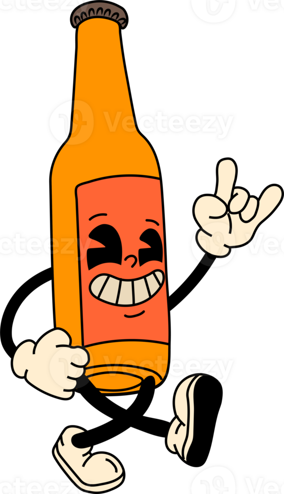 Retro glass bottle of beer mascot character. 40s, 50s, 60s old animation style. Oktoberfest mascot png