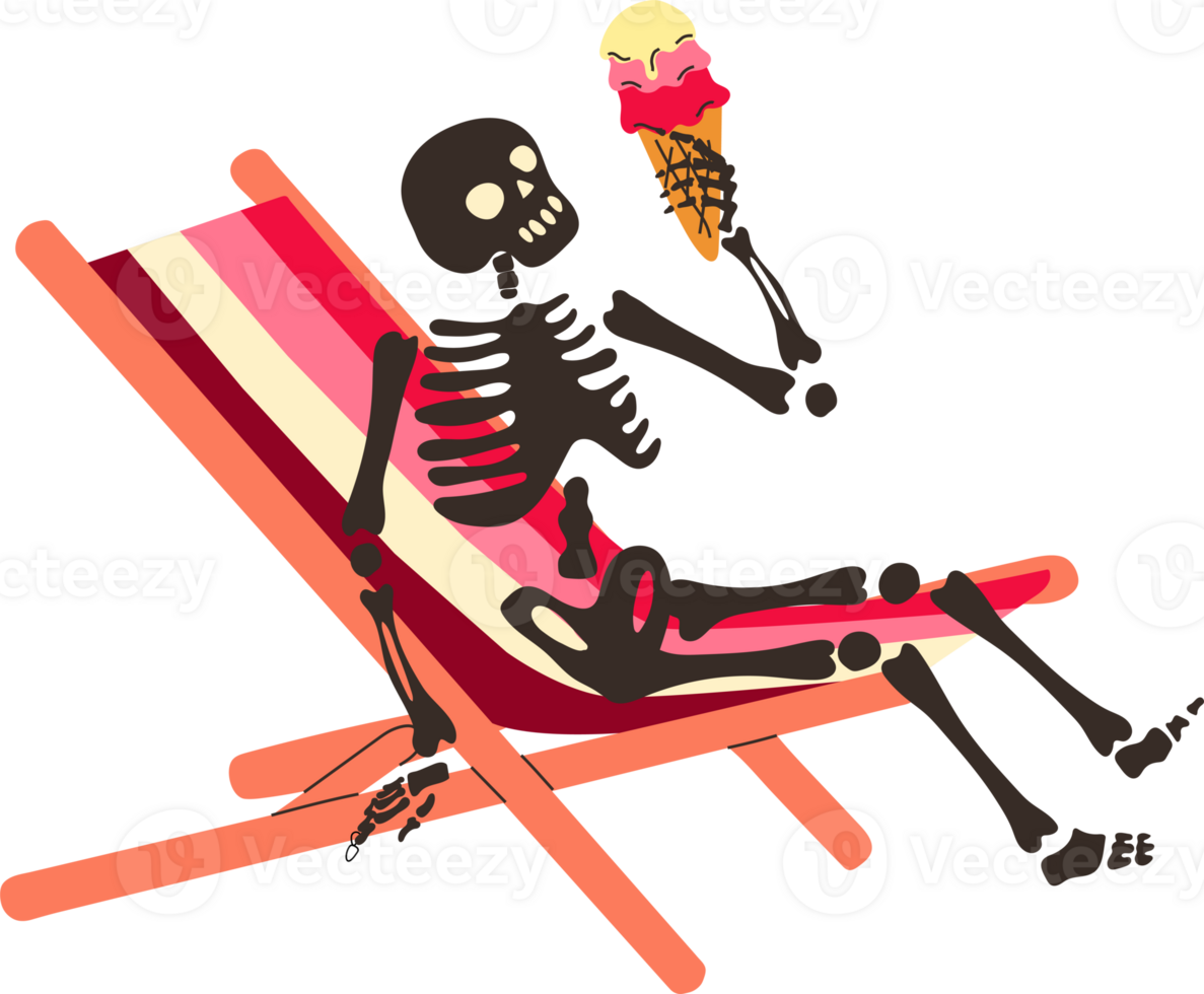 Funny Skeleton sitting on a deck chair with an ice cream. Cute character Skeleton Bones png