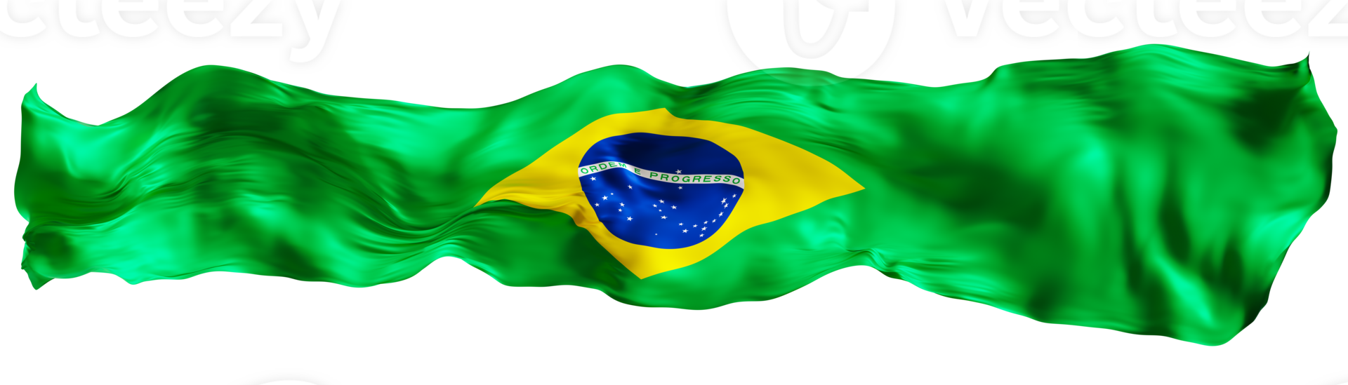 Stylized flag of Brazil waving in the wind on transparent background. Footer, header or divider. Cut out wide, panoramic element. Banner for patriotic themes or national event promotions. 3D. png