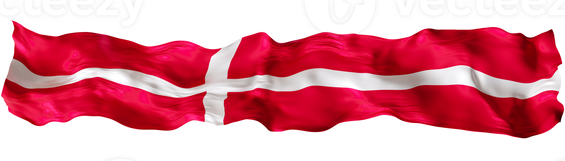 Stylized flag of Denmark waving in the wind on transparent background. Footer, header or divider. Cut out wide, panoramic element. Banner for patriotic themes or national event promotions. 3D. png