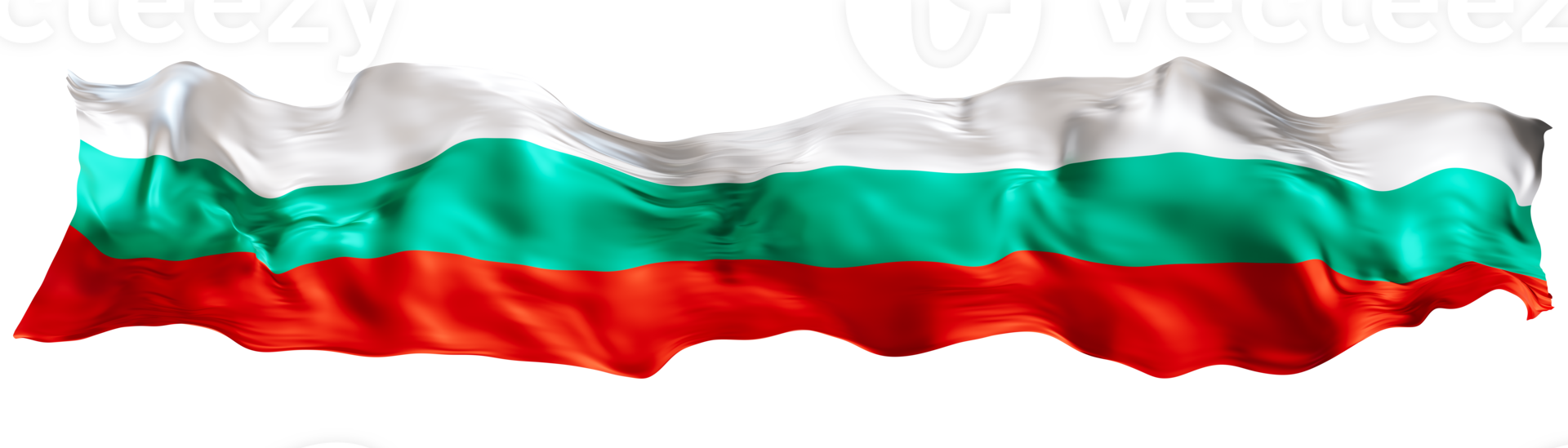 Stylized flag of Bulgaria waving in the wind on transparent background. Footer, header or divider. Cut out wide, panoramic element. Banner for patriotic themes or national event promotions. 3D. png