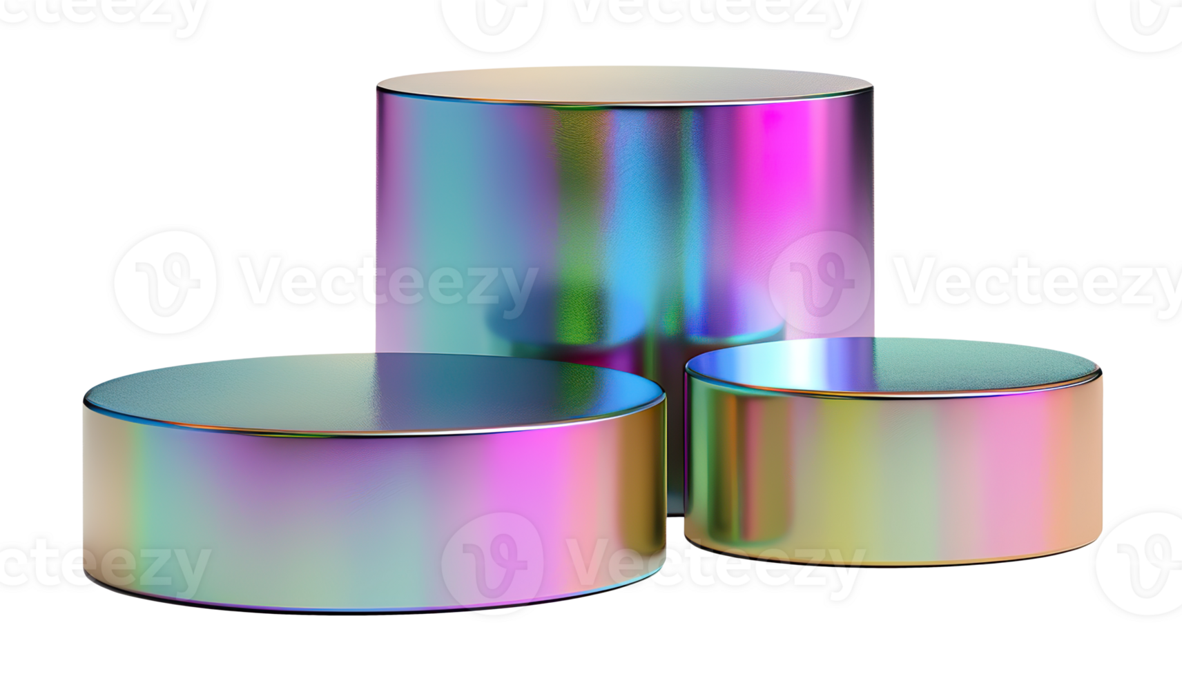 Holographic podiums group on transparent background. Modern futuristic mockup for product display. Cut out pedestal or platform. Empty scene. Y2k, 2000s style. Color gradient. png