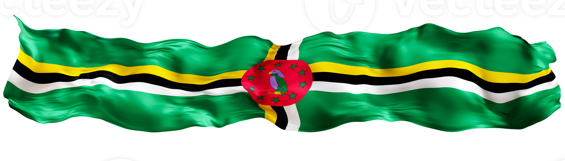 Stylized flag of Dominica waving in the wind on transparent background. Footer, header or divider. Cut out wide, panoramic element. Banner for patriotic themes or national event promotions. 3D. png