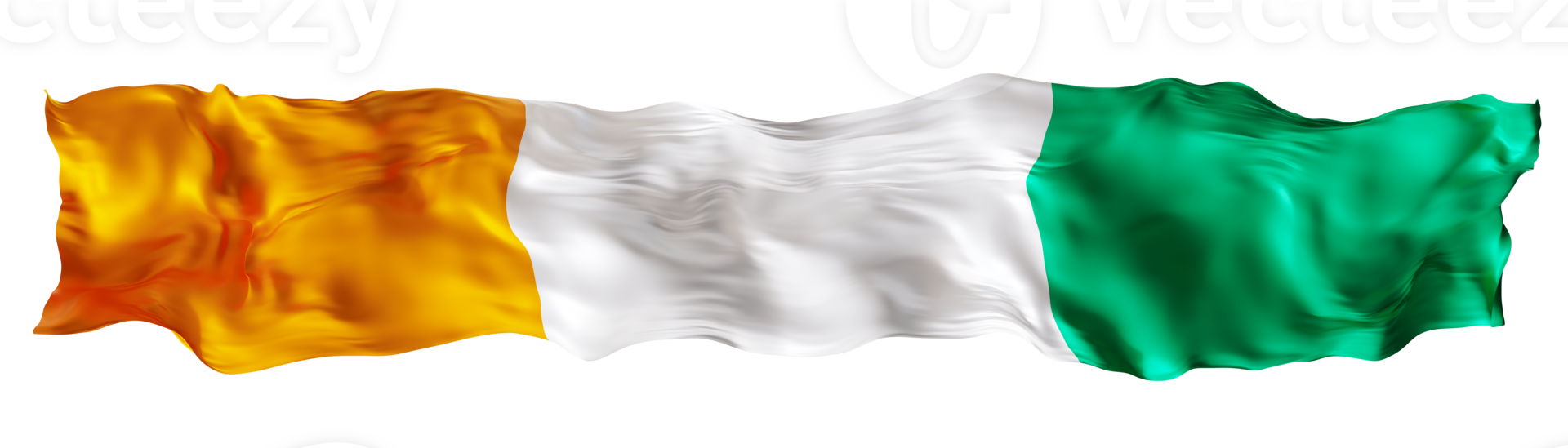 Stylized flag of Cote d Ivoire waving in the wind on transparent background. Footer, header or divider. Cut out wide, panoramic element. Banner for patriotic themes or national event promotions. 3D. png