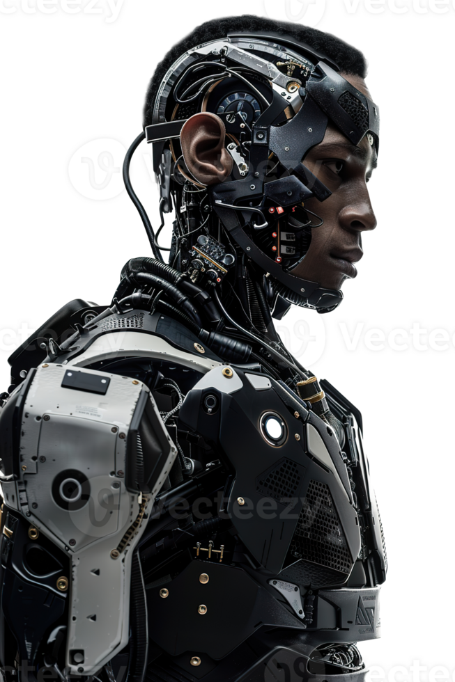 Detailed humanoid robot with blend of human and mechanical features, including visible components, on transparent background. Perfect for futuristic, AI, and cybernetic themes. png