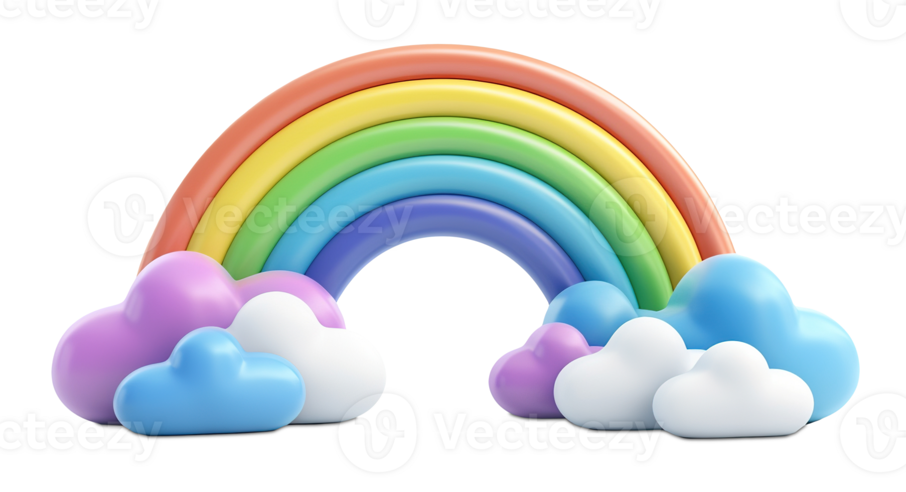 Vibrant rainbow arching over soft, colorful clouds, on transparent background. Ideal for children's designs, nursery decor, fantasy themes. Playful element, cut out, 3D style. png