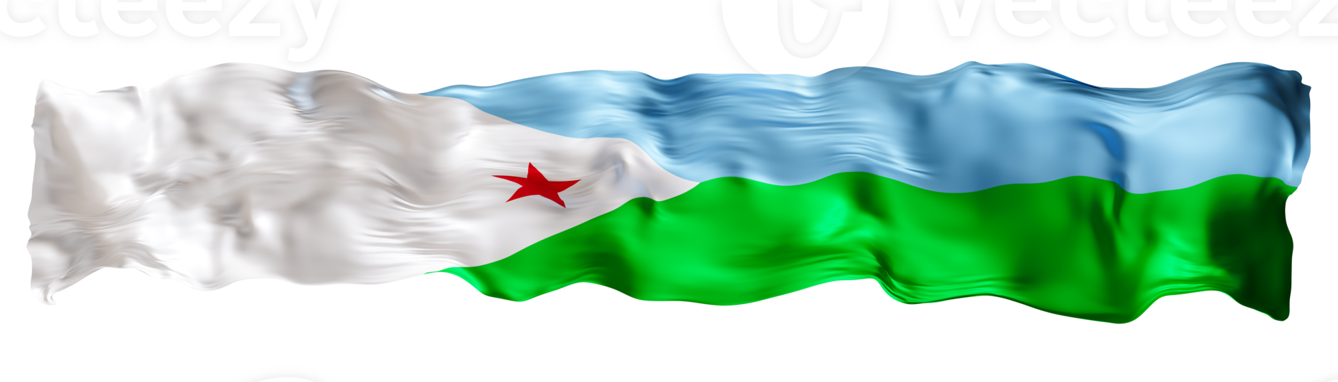 Stylized flag of Djibouti waving in the wind on transparent background. Footer, header or divider. Cut out wide, panoramic element. Banner for patriotic themes or national event promotions. 3D. png