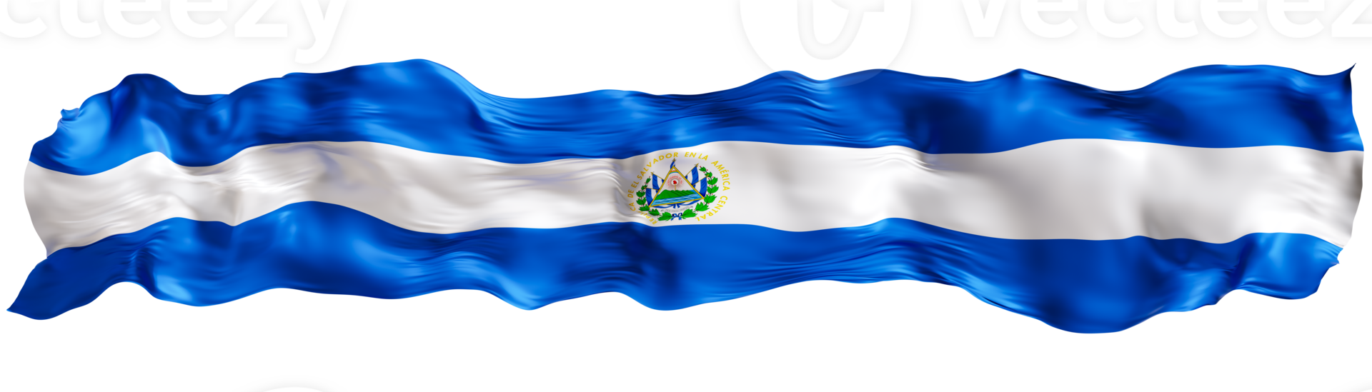 Stylized flag of El Salvador waving in the wind on transparent background. Footer, header or divider. Cut out wide, panoramic element. Banner for patriotic themes or national event promotions. 3D. png