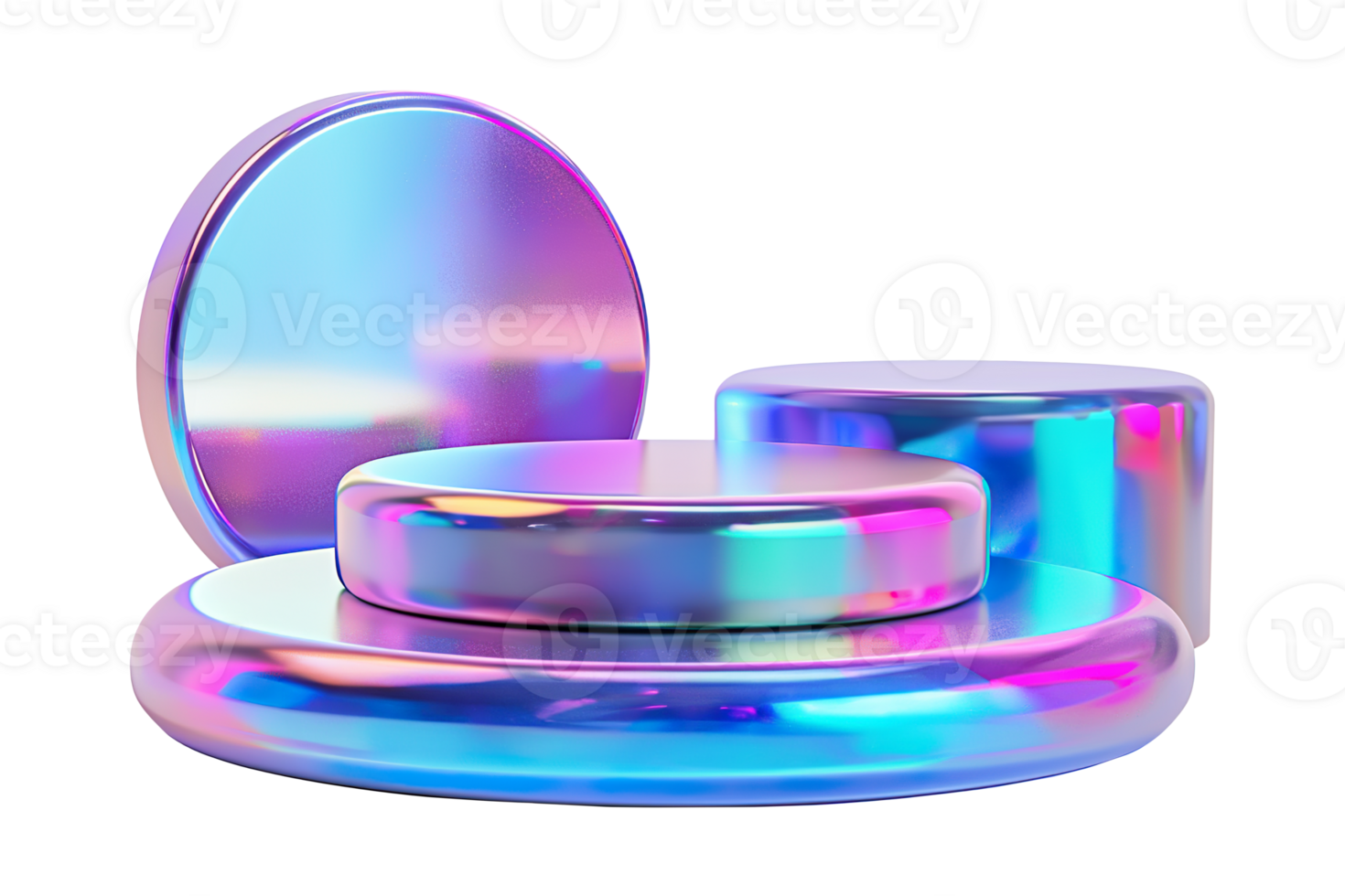 Glossy holographic podiums group on transparent background. Modern futuristic mockup for product display. Cut out pedestal or platform. Empty scene. Y2k, 2000s style. Color gradient. png