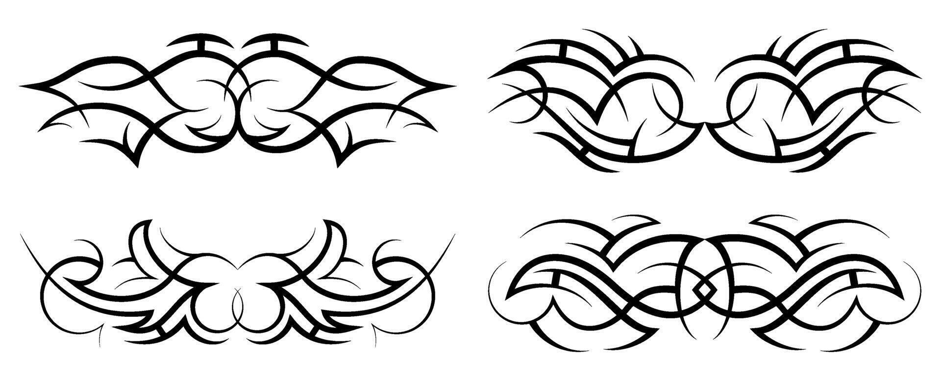 Neo abstract tribal tattoo set. Horizontal black shoulder tattoo. Cyber sigilism style hand drawn ornament. Celtic gothic body ornament shapes. Maori ethnic signs isolated on white backdrop. Sketch vector