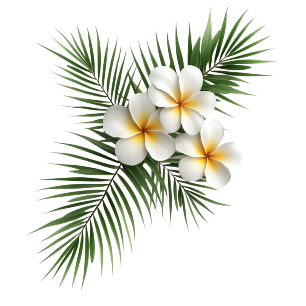 Tropical Flowers and Palm Leaves on Transparent Background. png