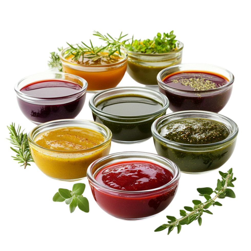 Various Sauces in Small Bowls with Fresh Herbs on Transparent Background. png