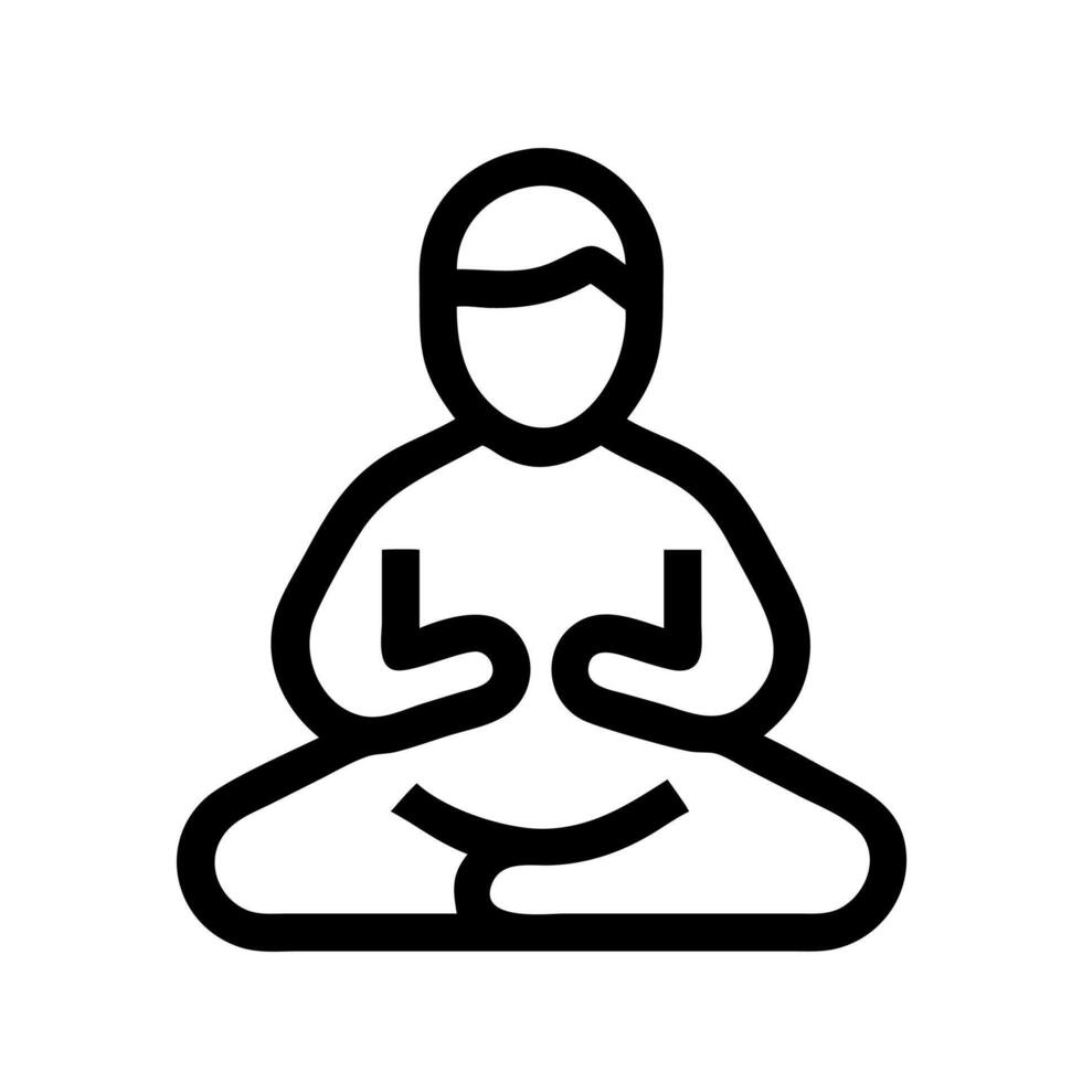A black and white line icon of a man sitting in a lotus position vector