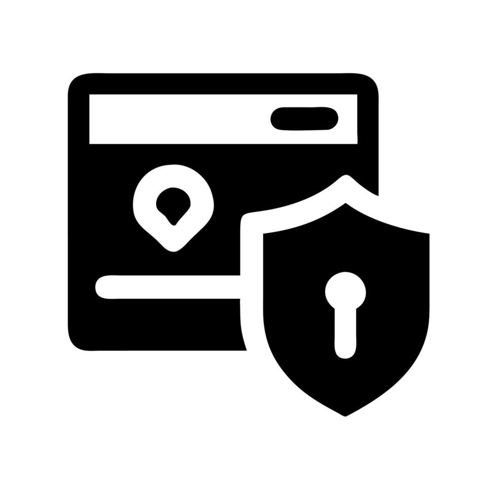 A black and white icon of a shield and a map vector