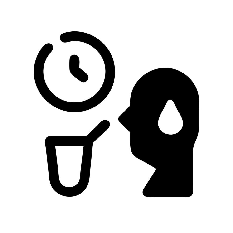 A black and white icon of a person drinking water and a clock vector