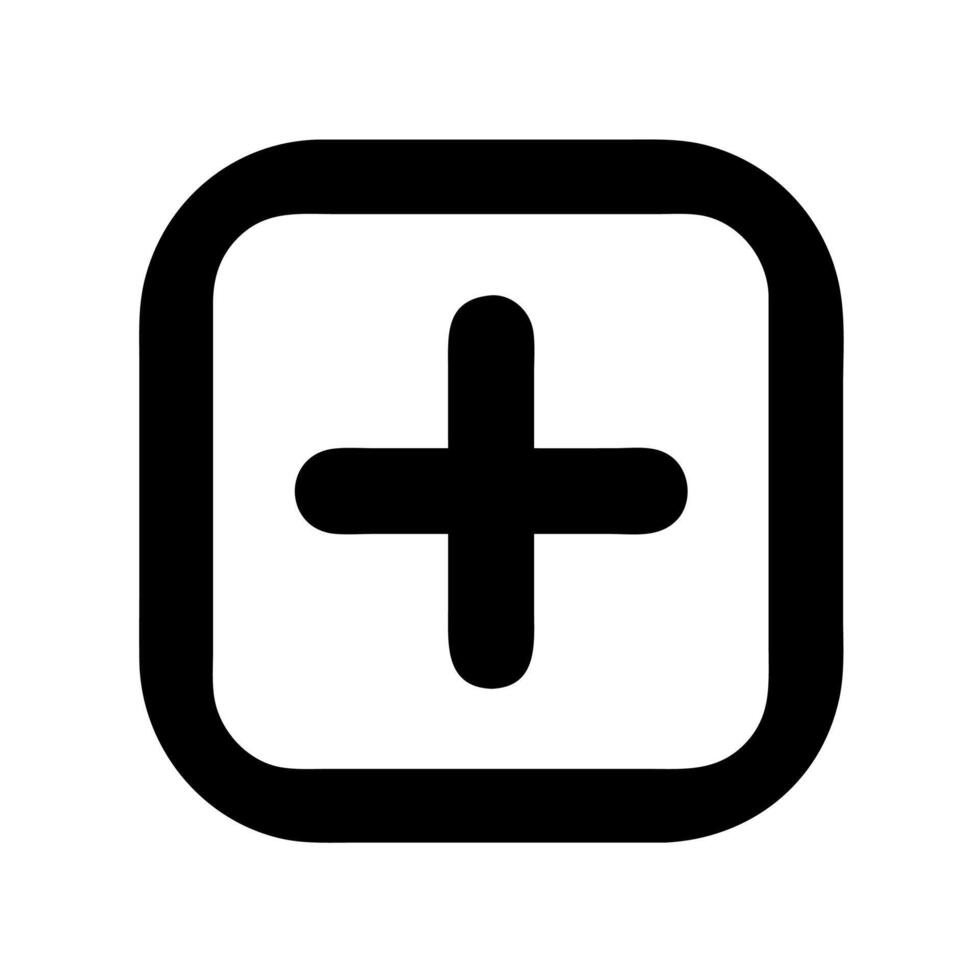 A black and white icon of a plus sign vector
