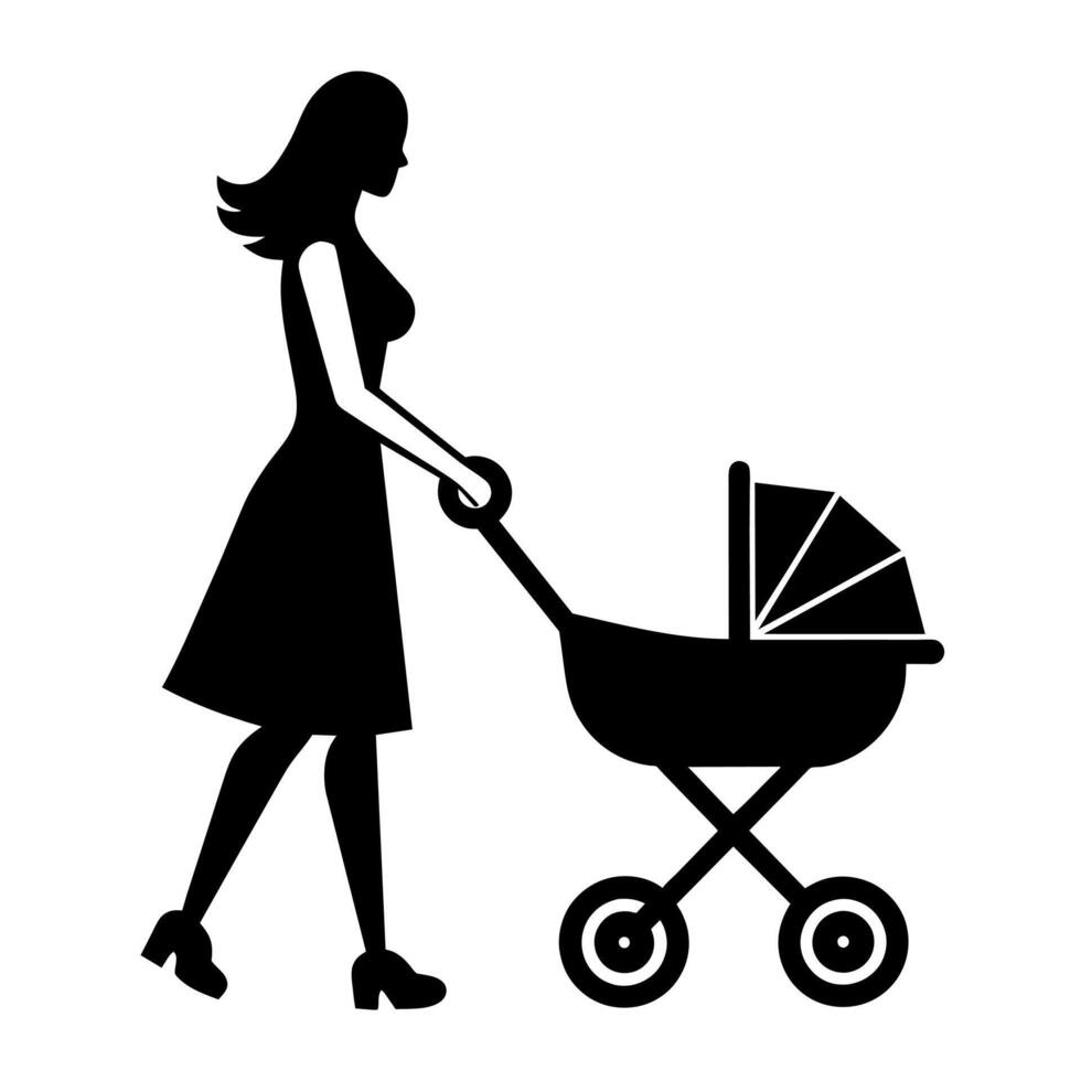 A silhouette of a woman pushing a baby carriage vector