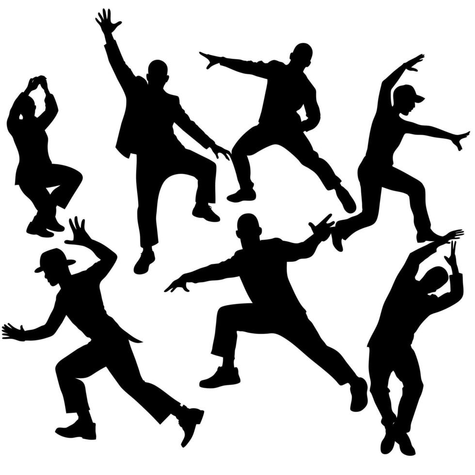 Silhouettes of men dancing in various poses vector