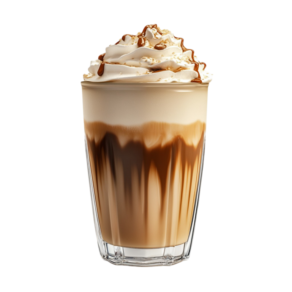 Iced Coffee with Whipped Cream and Caramel Drizzle on Transparent Background. png