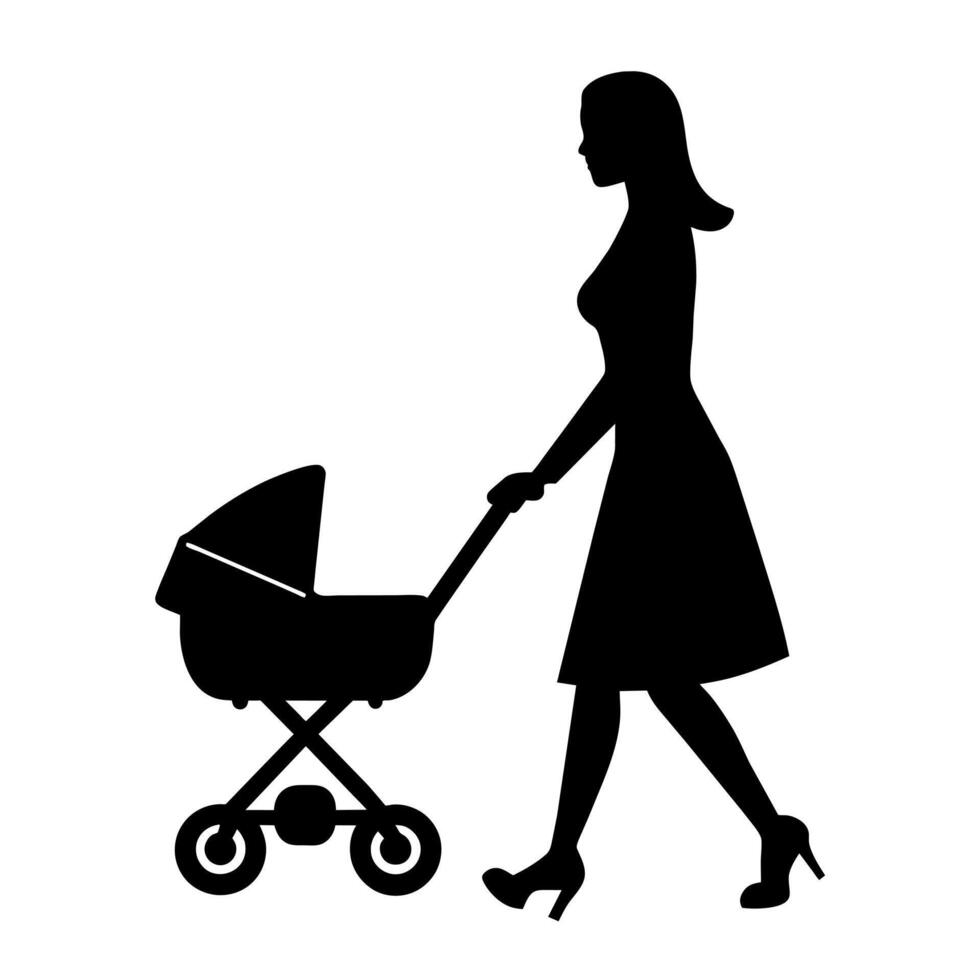 Silhouette of a woman with a baby carriage vector