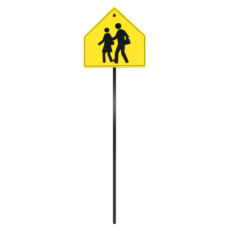 Yellow pedestrian crossing sign indicating school zone for children png