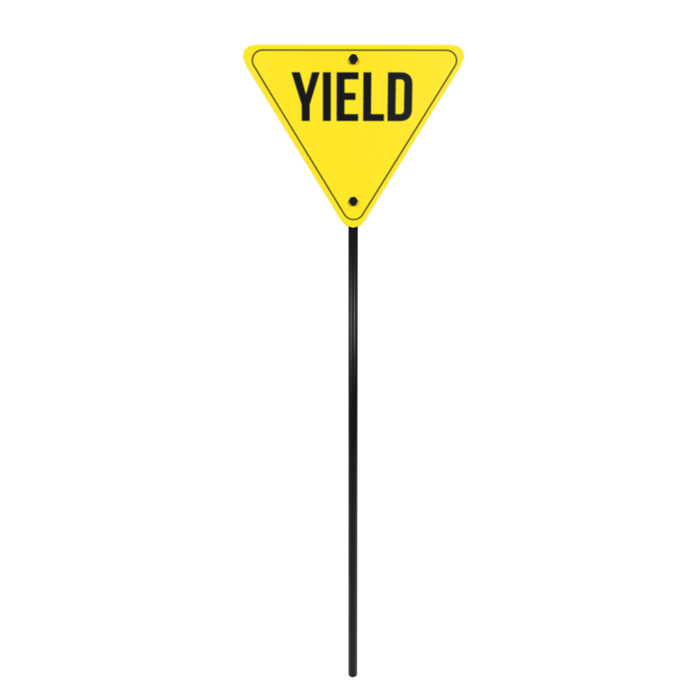 Yellow yield sign on a black pole in a clear urban setting png