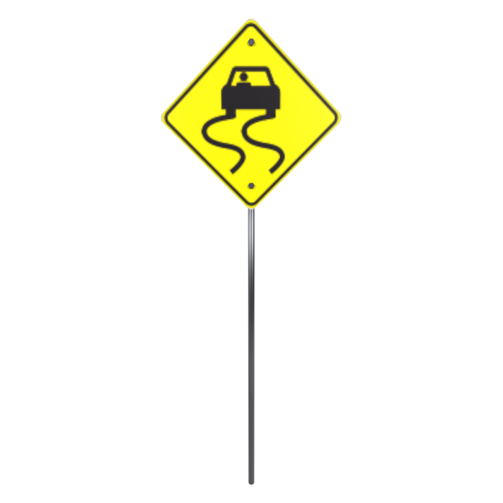 Caution slippery road sign with winding path and vehicle illustration png