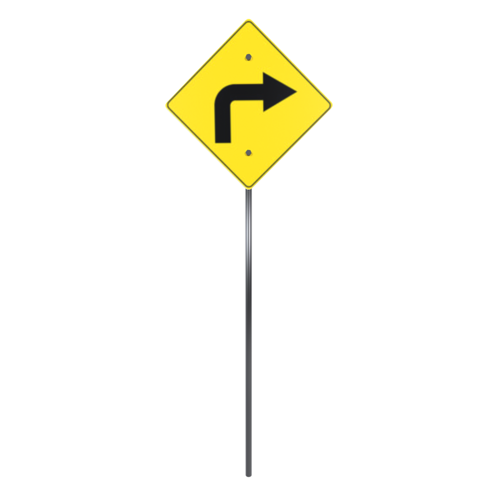 Yellow curve right traffic sign in a 3D rendering environment png