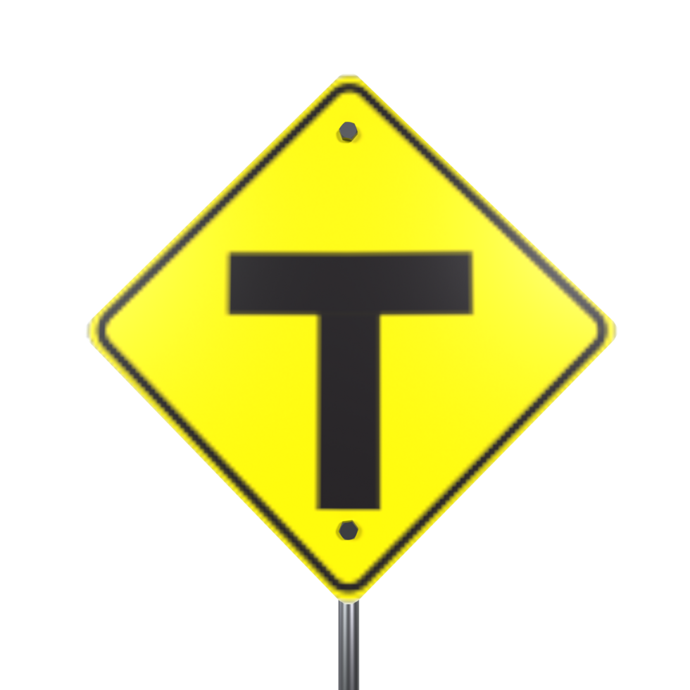3D yellow T-intersection warning sign for road safety png
