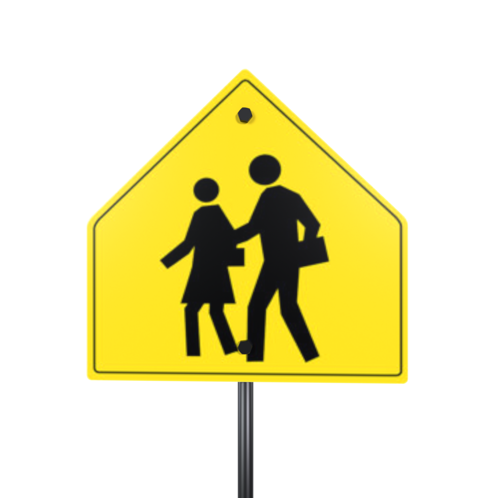 3D yellow school zone pedestrian crossing sign design png