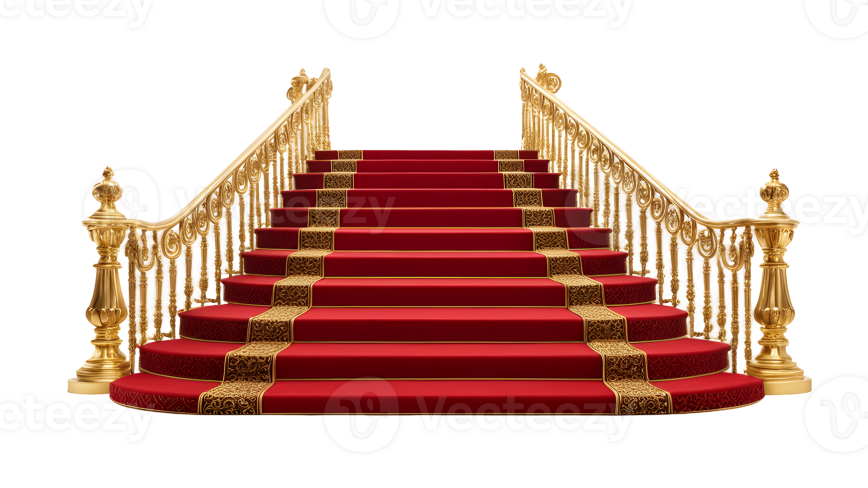grand red carpet staircase with gold railings isolated on transparent background png
