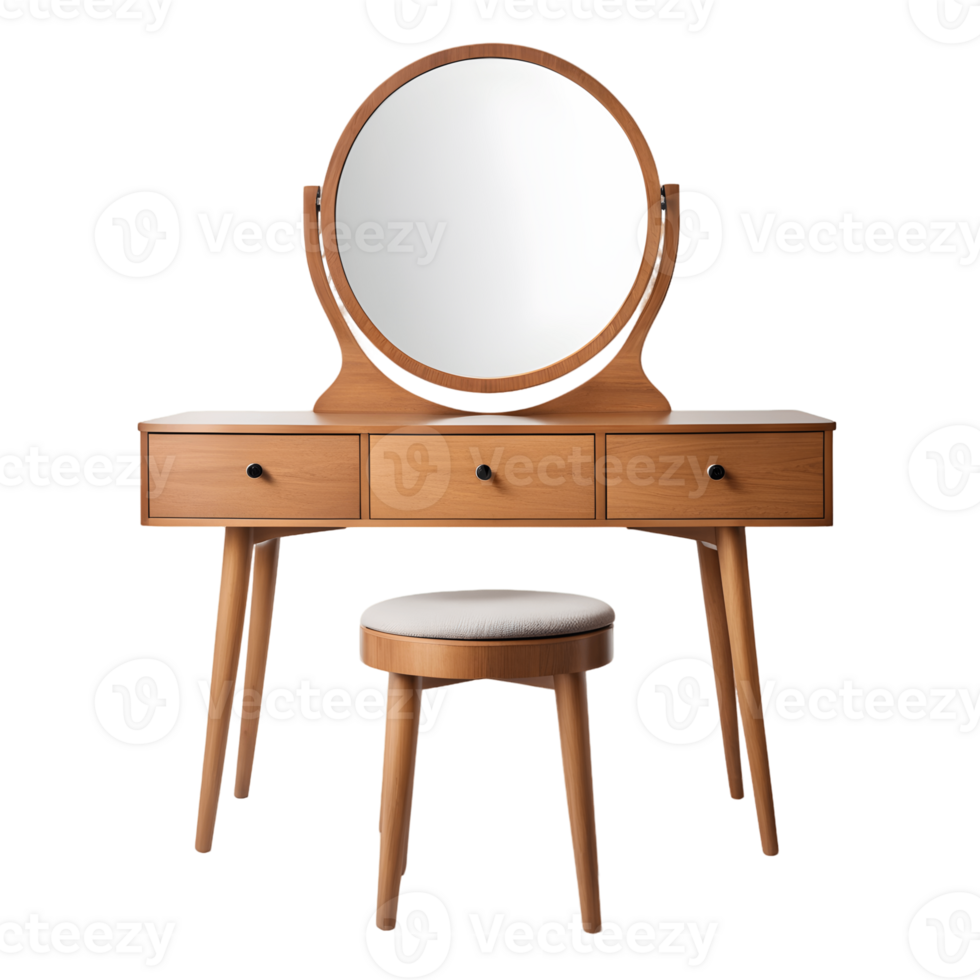 wooden vanity with round mirror and drawers isolated on transparent background png