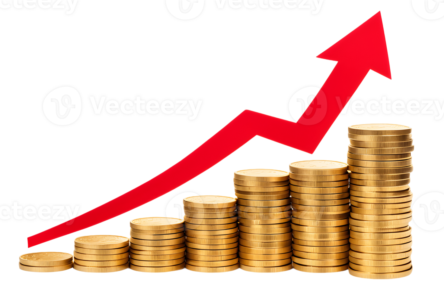 Red upward arrow with stacks of gold coins isolated on transparent background png