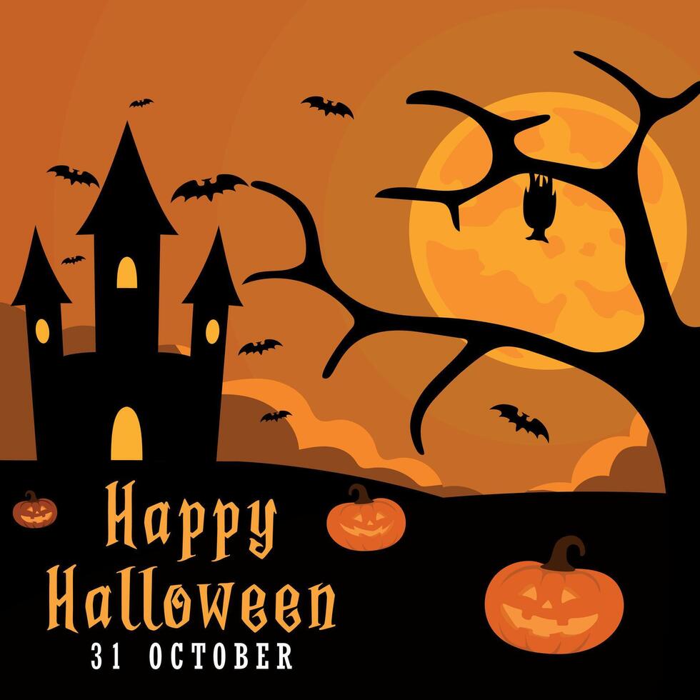 Halloween Poster with castle, bat, moon, and pumpkins. vector